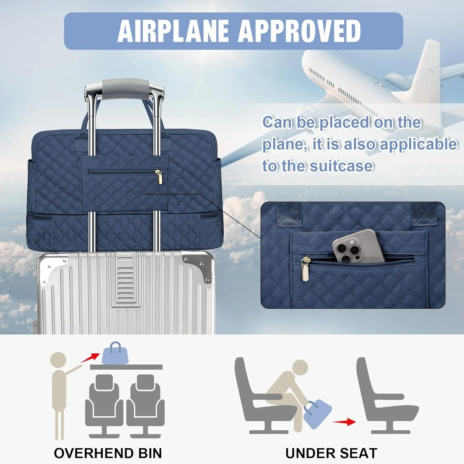 3 Pack Travel Duffle Bag, Weekend Bags for Women with Shoe Compartment, Large Toiletry Personal Item Travel Carry on Bags with Wet Pocket, Gym Overnight Hospital Bag for Delivery Business Navy Blue