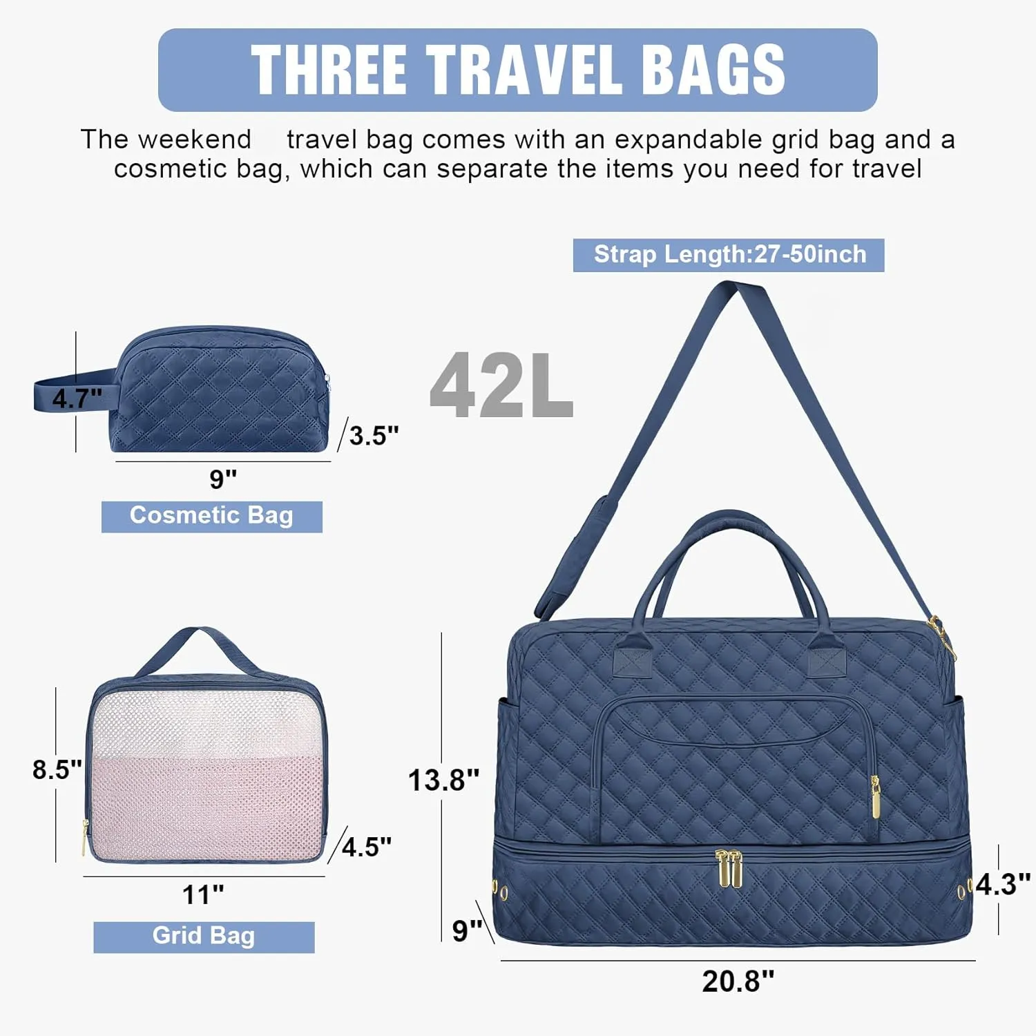 3 Pack Travel Duffle Bag, Weekend Bags for Women with Shoe Compartment, Large Toiletry Personal Item Travel Carry on Bags with Wet Pocket, Gym Overnight Hospital Bag for Delivery Business Navy Blue