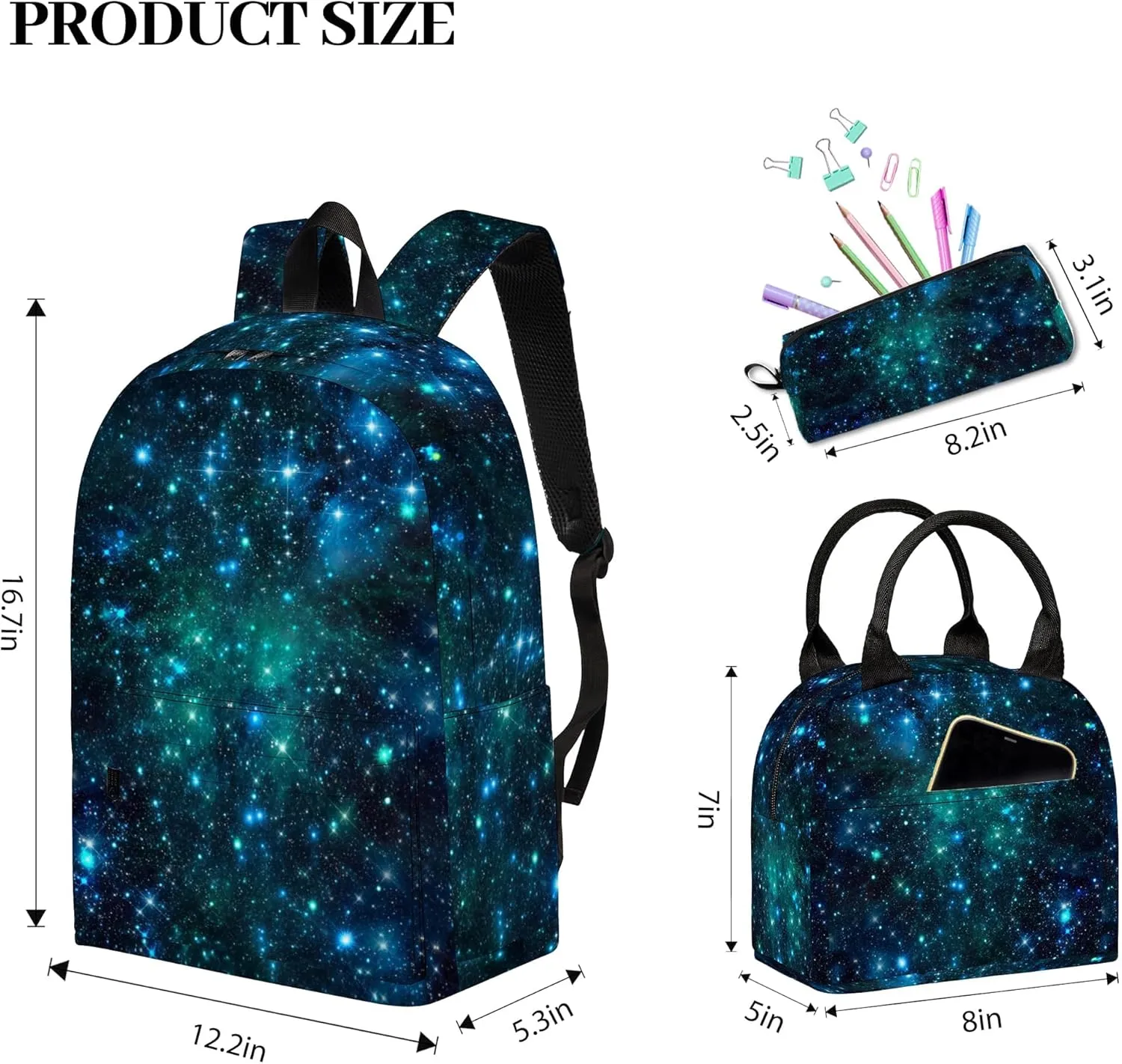 3PCS Boys Galaxy Backpack, Bookbag for Kids Boys with Lunch Box, 17 Inch Galaxy Teens School Bag Set, Laptop Backpack for Mens School/Daypack