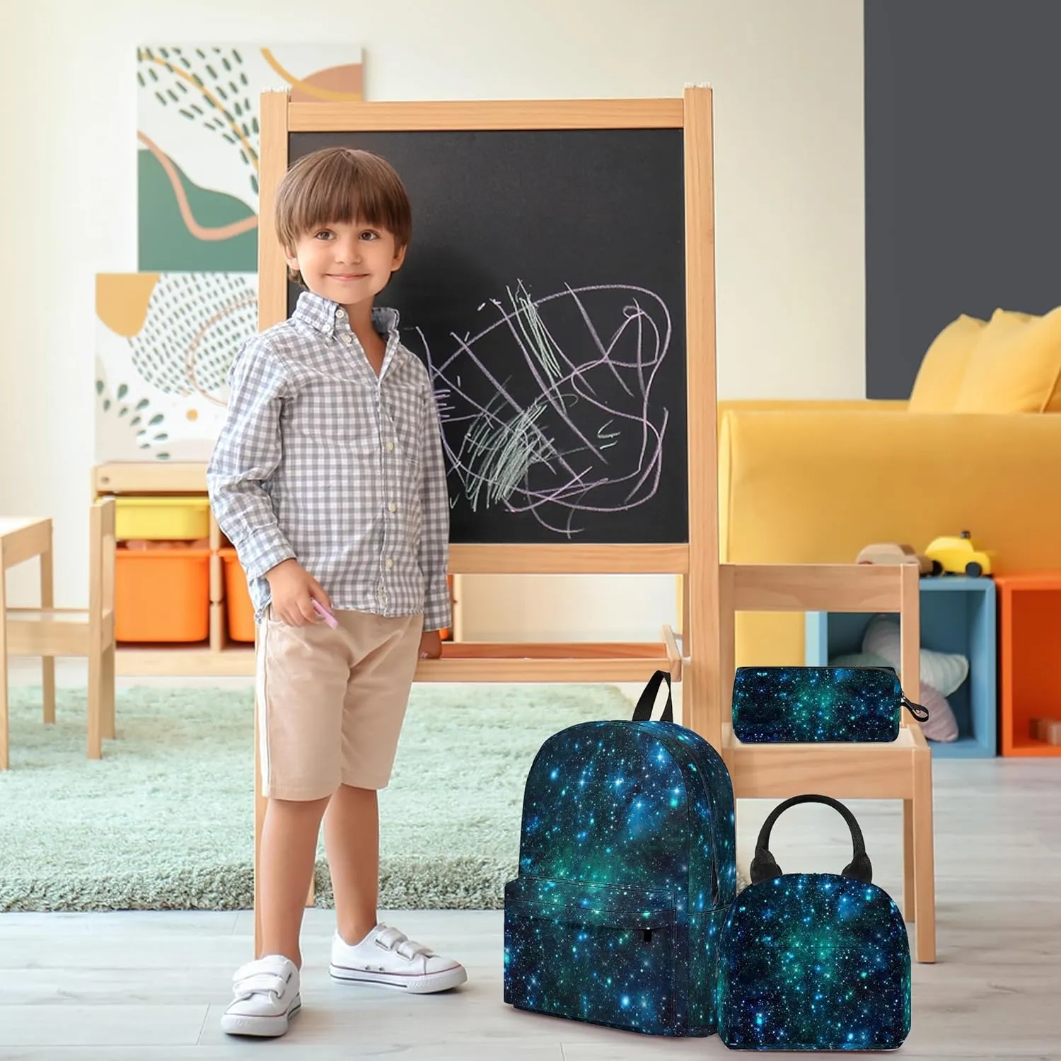 3PCS Boys Galaxy Backpack, Bookbag for Kids Boys with Lunch Box, 17 Inch Galaxy Teens School Bag Set, Laptop Backpack for Mens School/Daypack