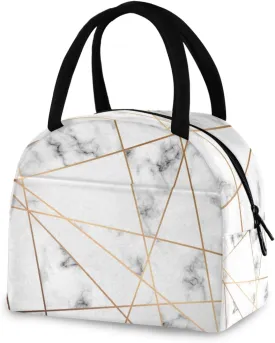 AUUXVA Lunch Bag Geometric Gold Lines Marble Print, Lunch Box Insulated Tote Bags with Handle, Reusable Cooler Ice Pack Handbag for Women Men