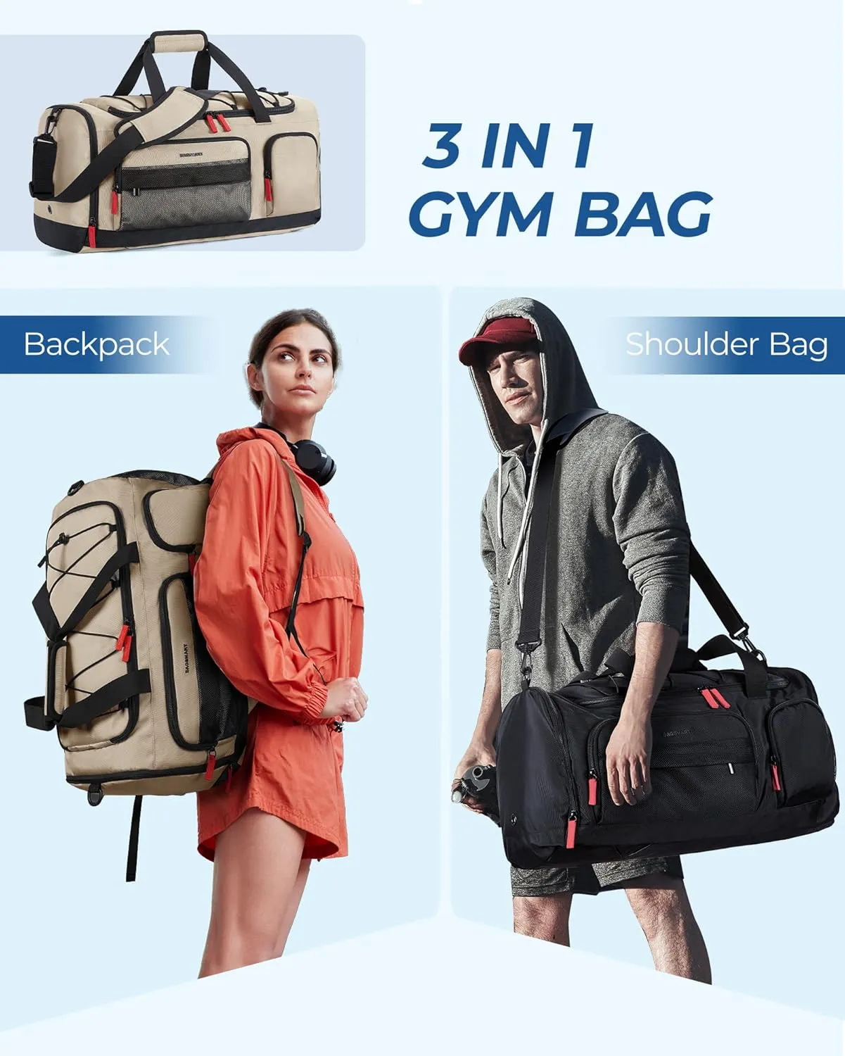 BAGSMART Gym Bag for Men&Women, 35L Sports Travel Duffel Bag with Shoe Laptop CompartmentAnti-Theft Carry On Weekender Bag for Airplane,Workout Overnight Backpack for Hiking,Khaki