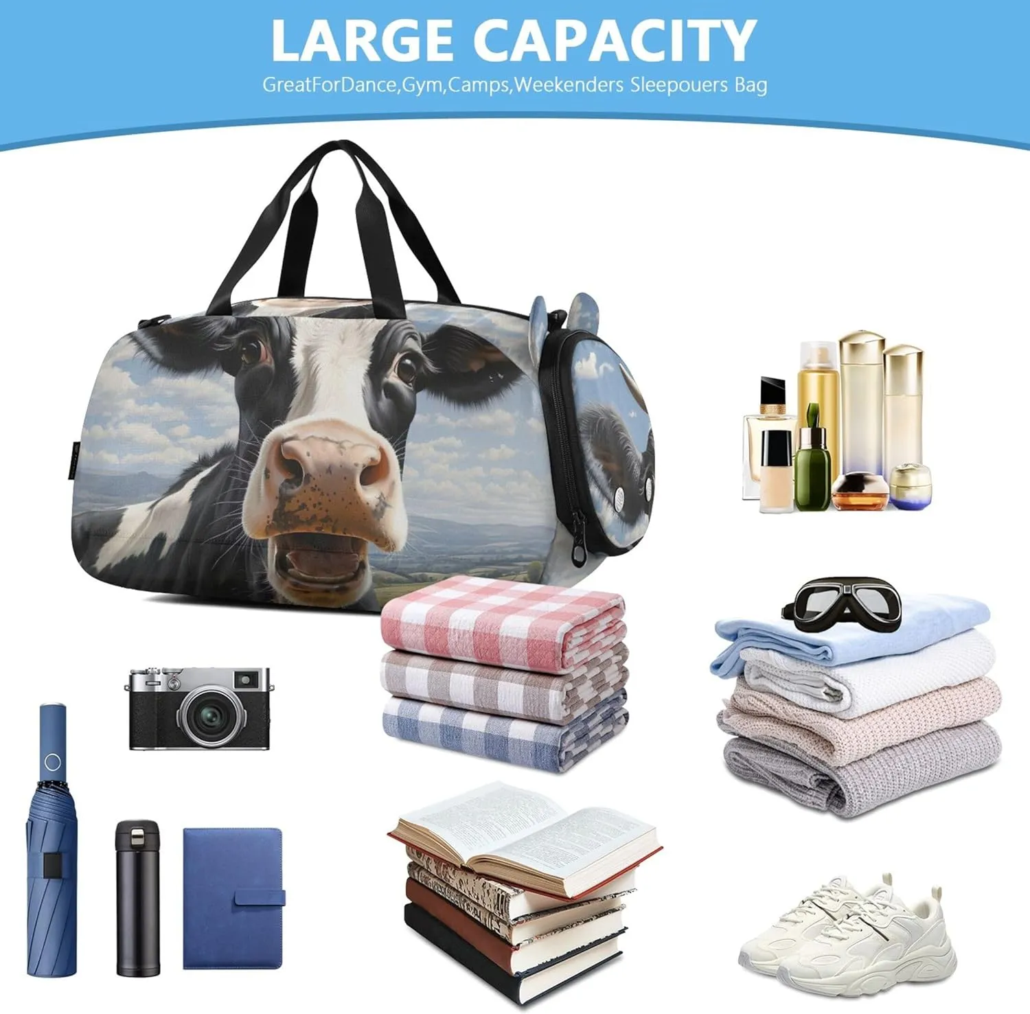 Boys Carry on Duffel Toddler Weekender Bags Girls Duffle Bags Travel Tote Sports Dance Bag Curious Cow Portrait