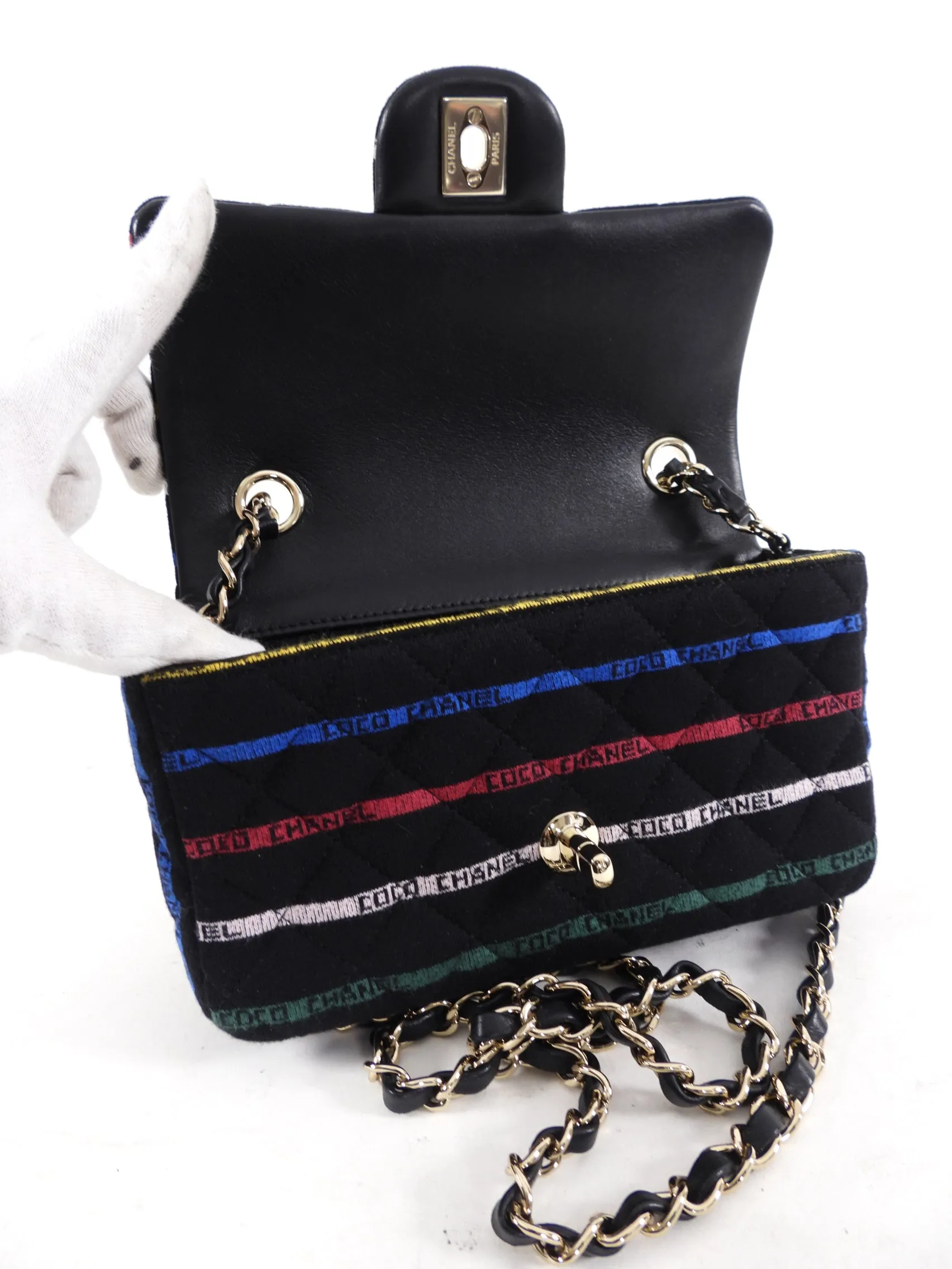 Chanel 22S Jersey Logo Mini Stripe Classic Flap Bag
