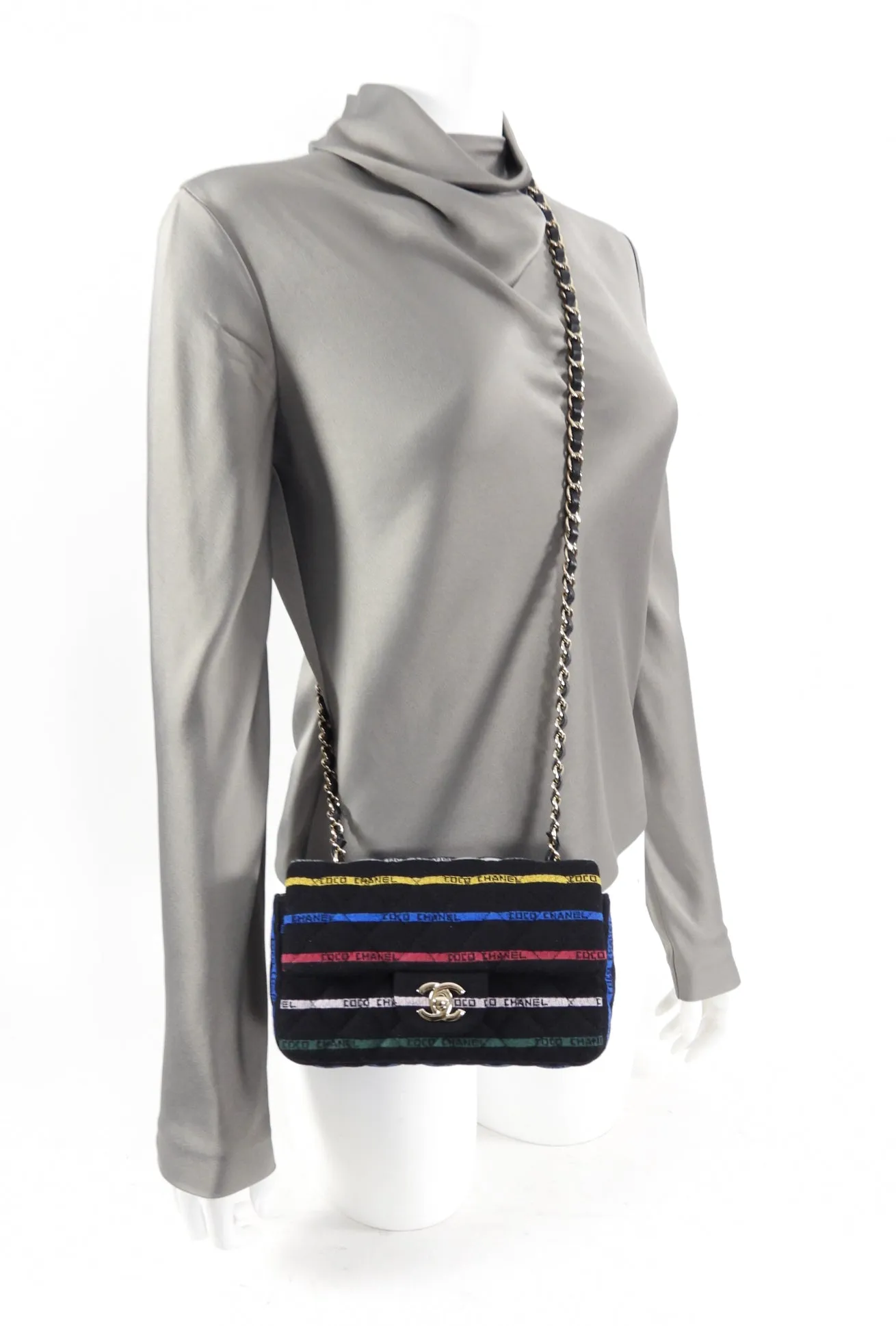 Chanel 22S Jersey Logo Mini Stripe Classic Flap Bag