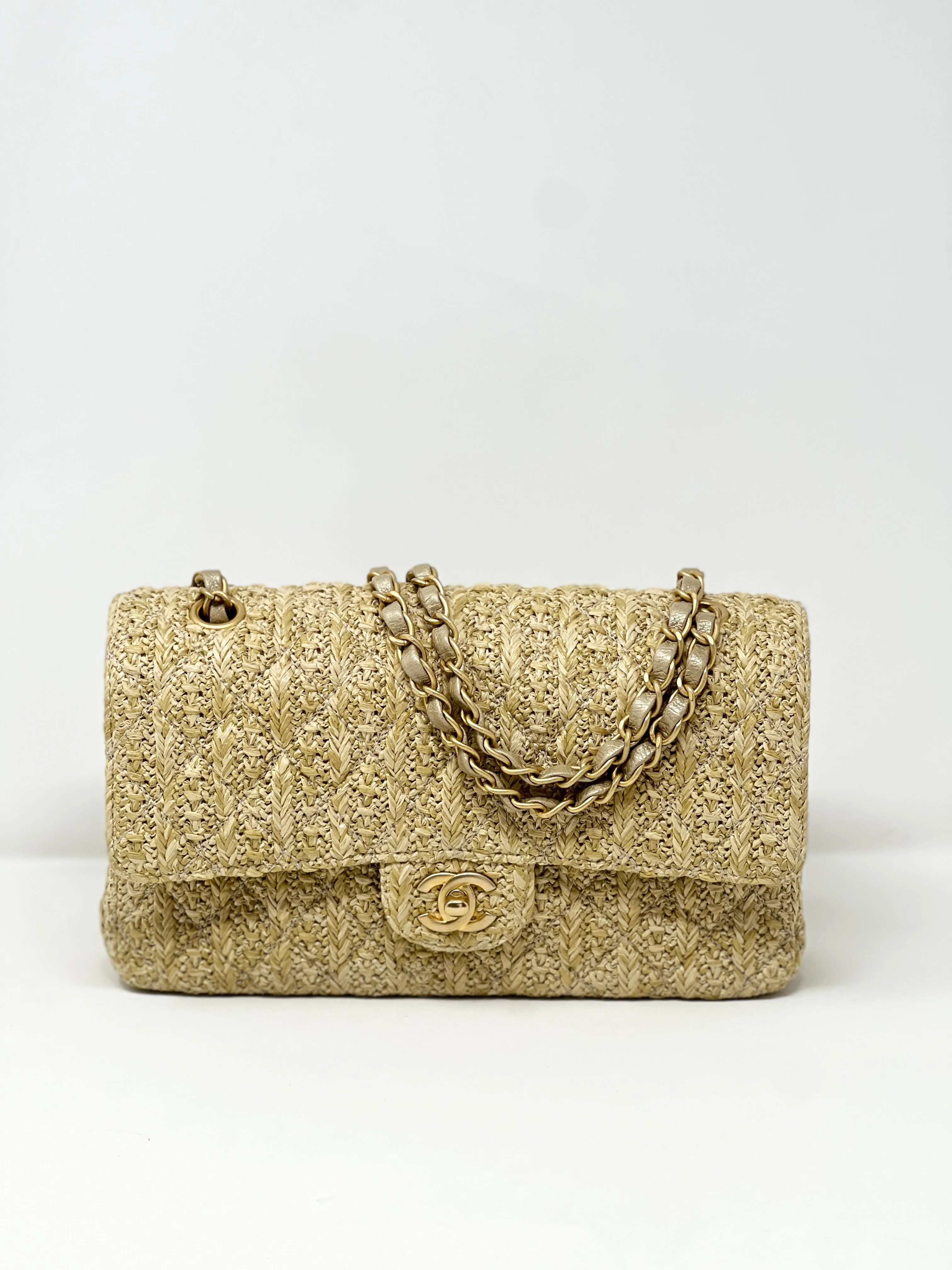 Chanel Classic Double Flap Medium Rafia Woven Straw Bag