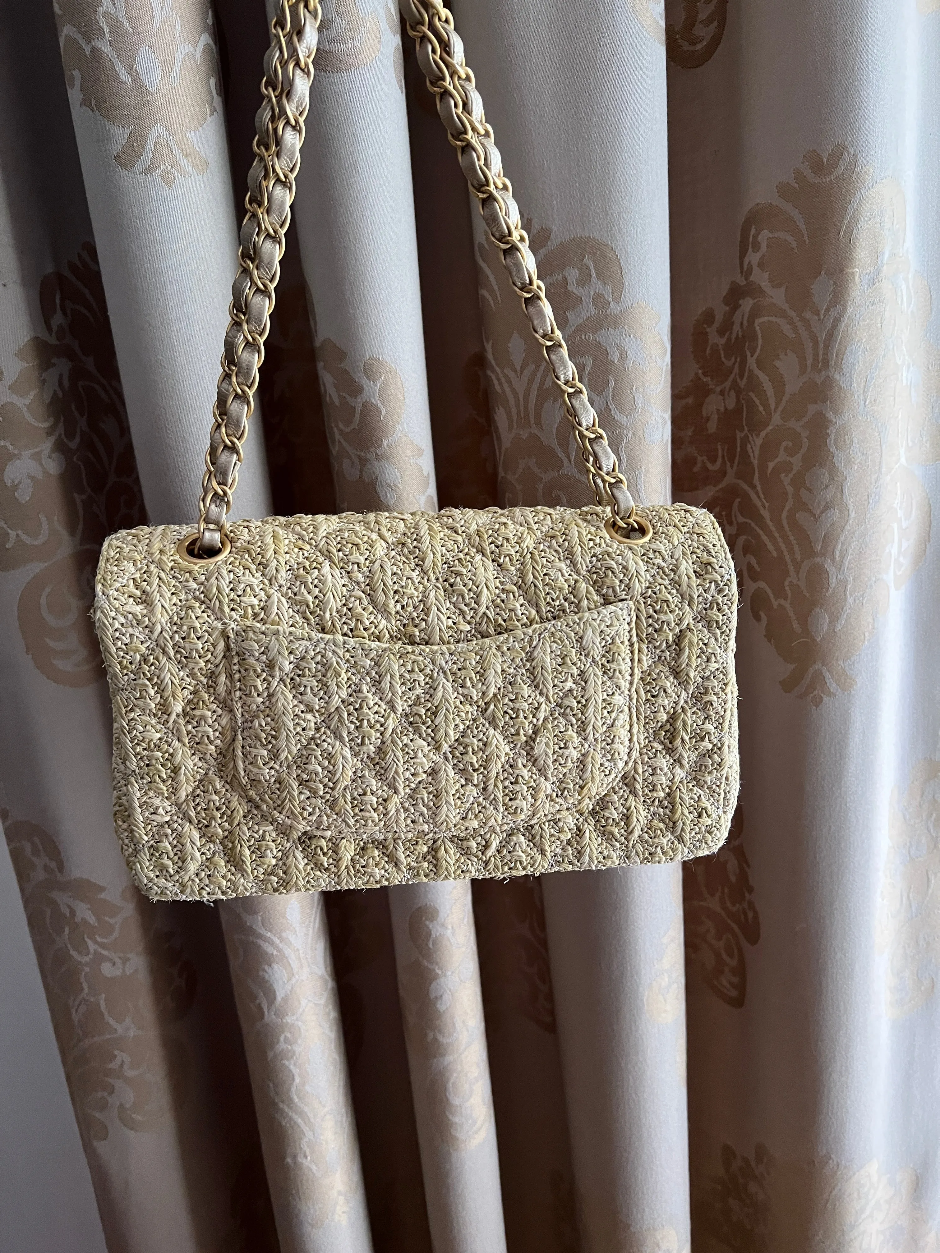 Chanel Classic Double Flap Medium Rafia Woven Straw Bag