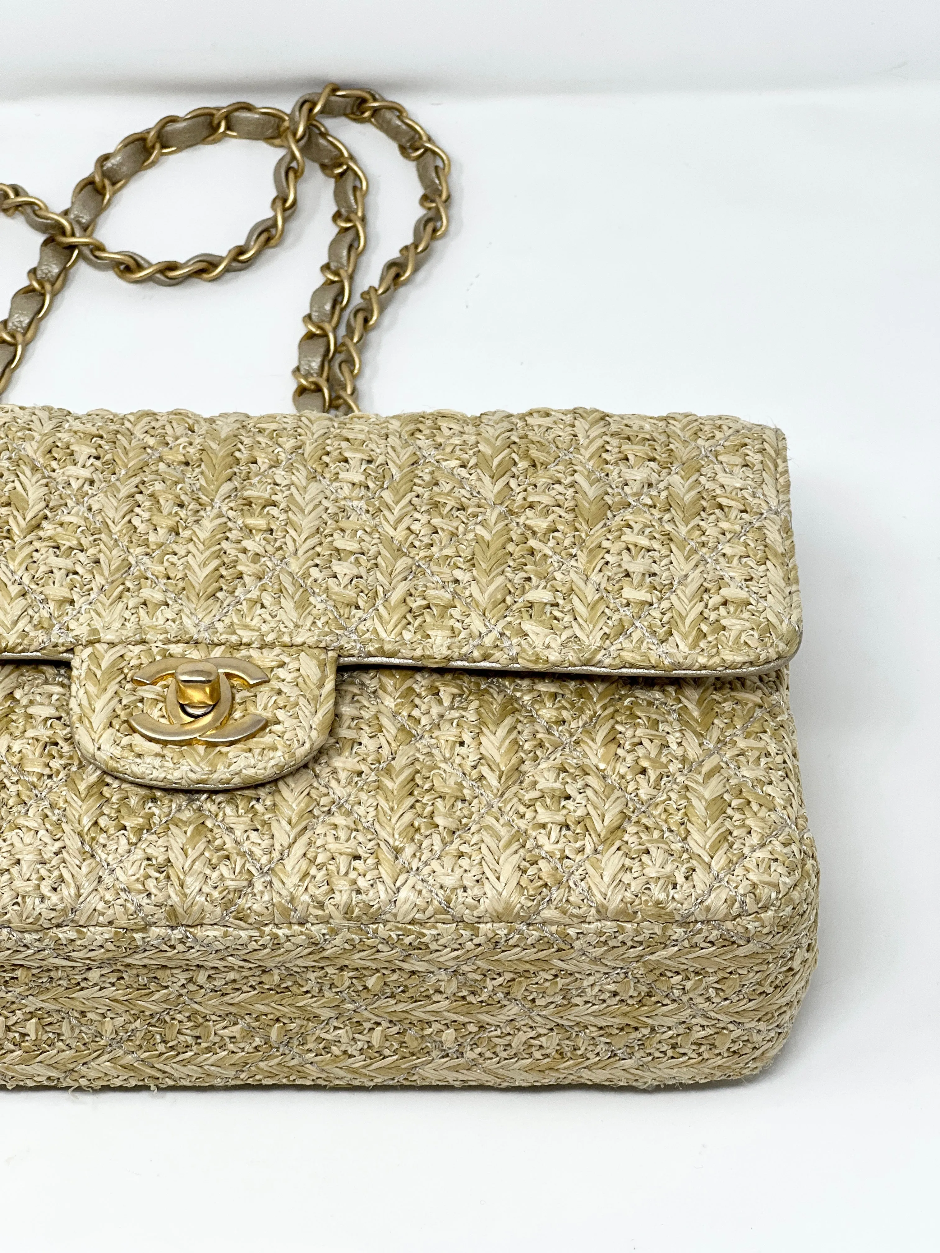 Chanel Classic Double Flap Medium Rafia Woven Straw Bag