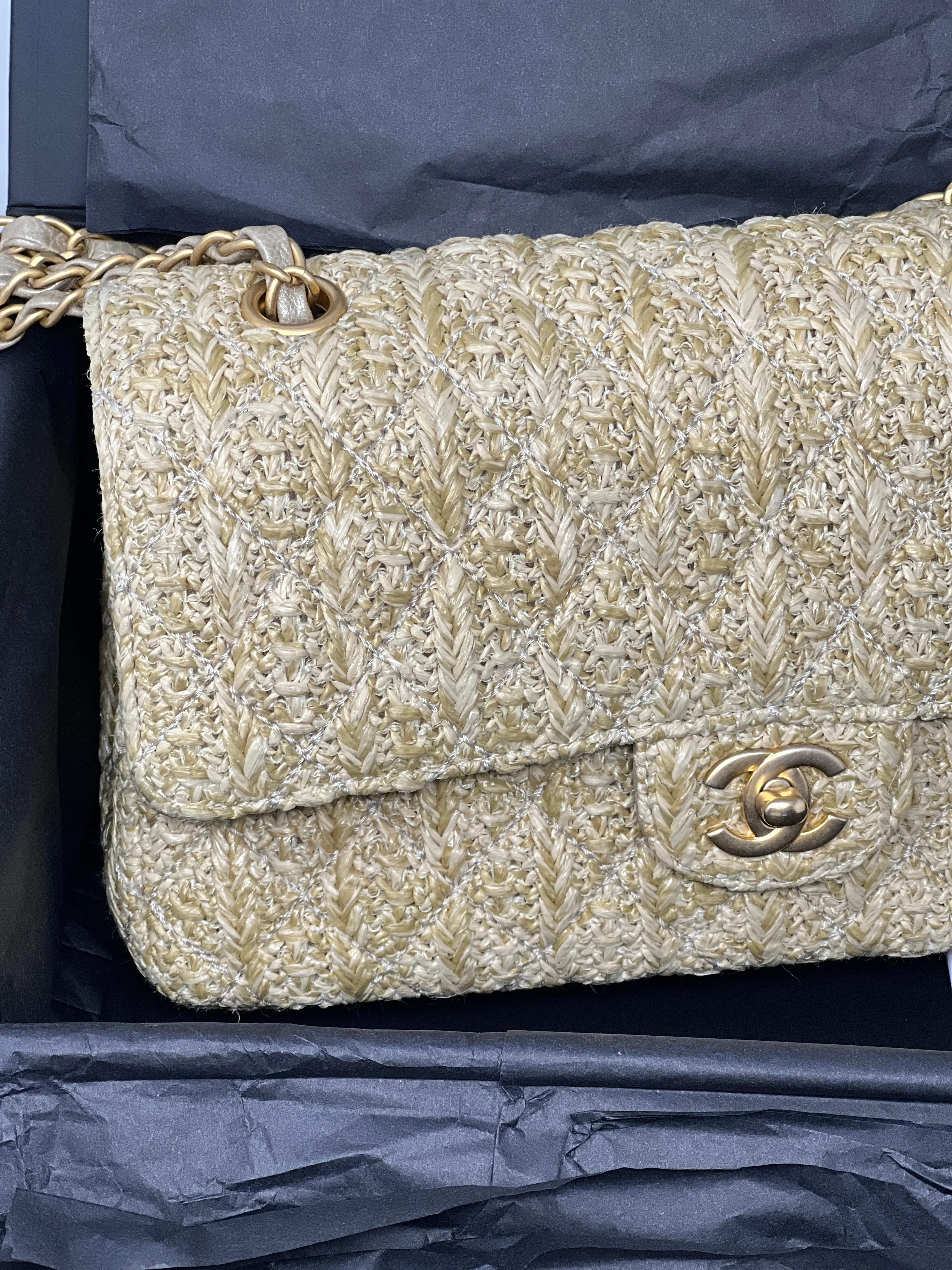 Chanel Classic Double Flap Medium Rafia Woven Straw Bag