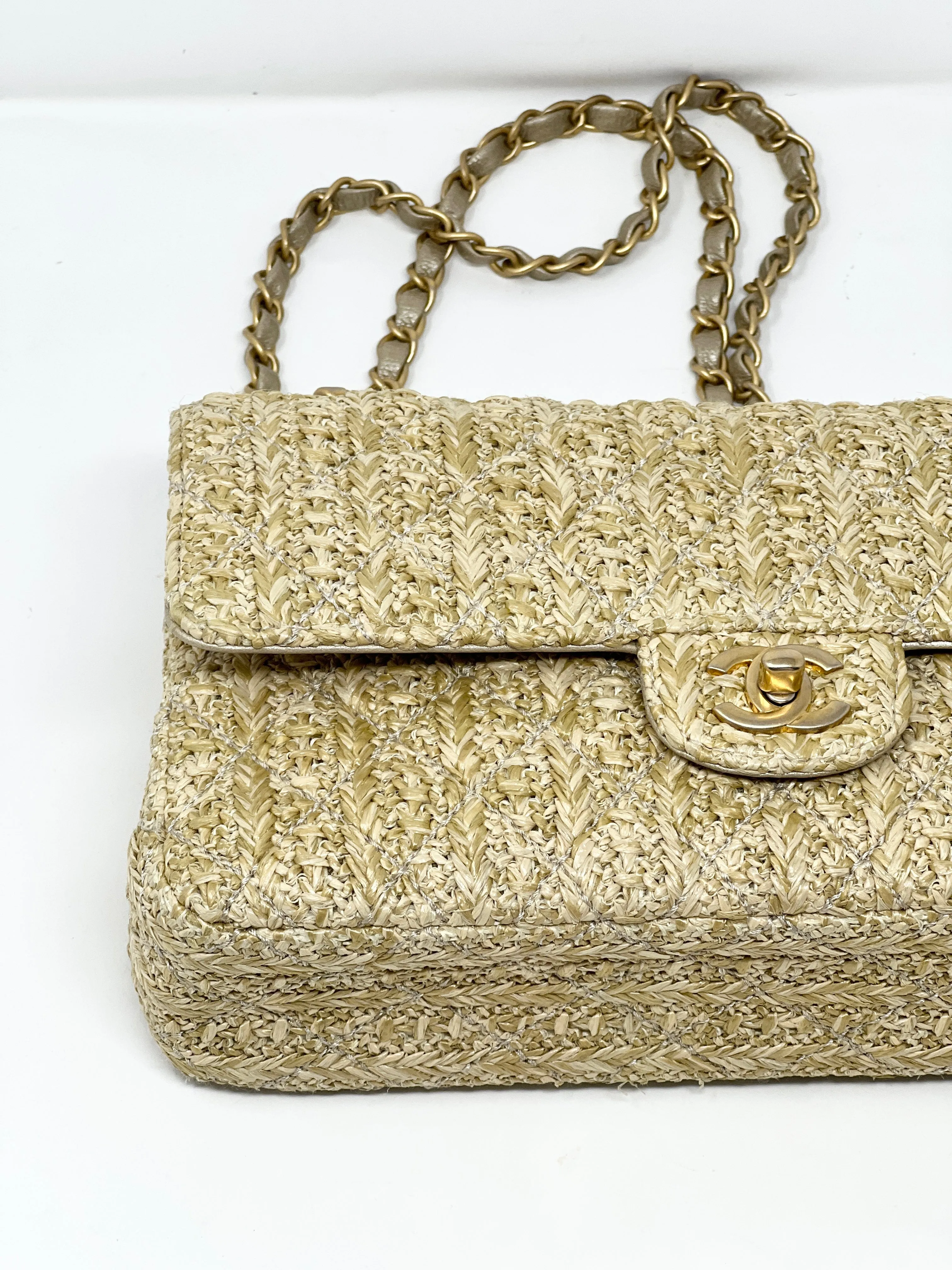 Chanel Classic Double Flap Medium Rafia Woven Straw Bag