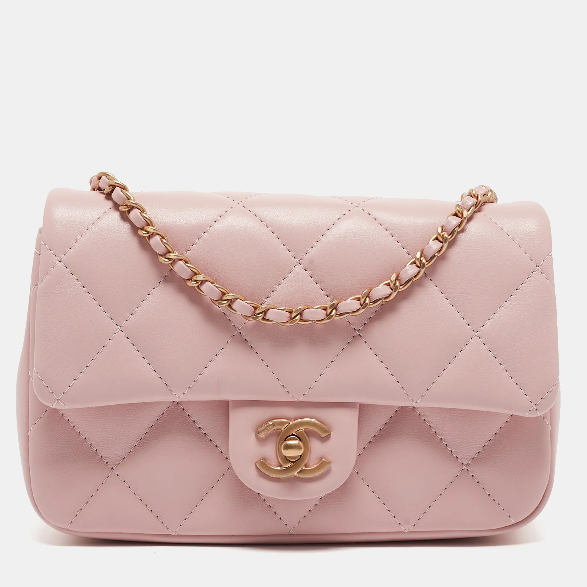 CHANEL Pink Quilted Leather New Mini Heart Charm Classic New Bag