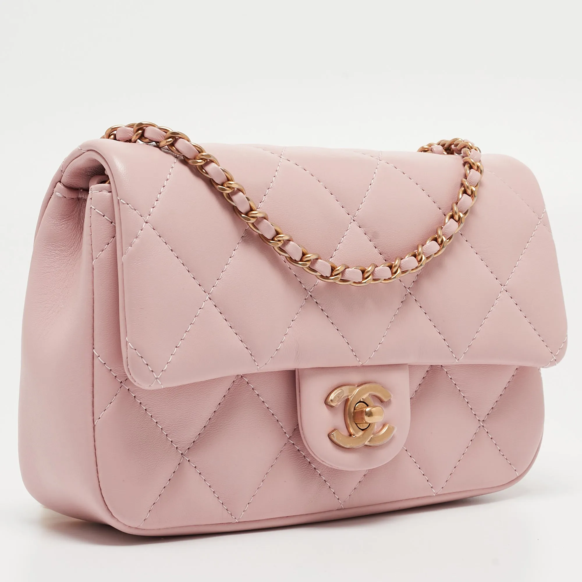 CHANEL Pink Quilted Leather New Mini Heart Charm Classic New Bag