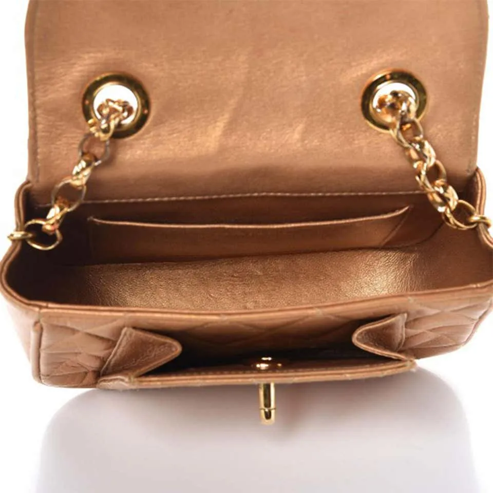 Chanel Vintage 90's Metallic Lambskin Mini Quilted Flap Gold Cross Body Bag