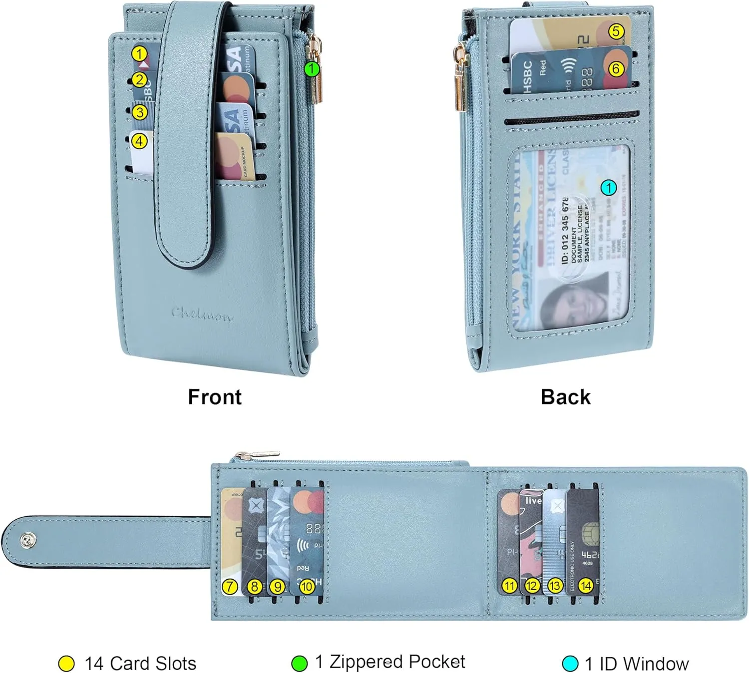 Chelmon Womens Wallet Slim RFID Blocking Bifold Multi Card Case Wallet with Zipper Pocket (Blue)