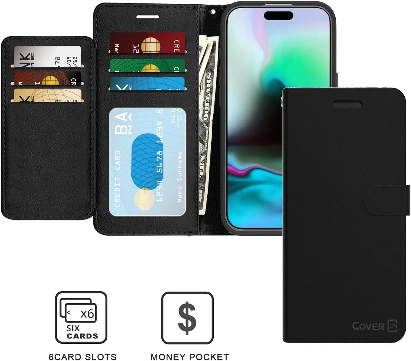 CoverON Pouch for Apple iPhone 16 Plus Leather Case, Wallet RFID Blocking Flip Folio Vegan Leather Phone Carrying Sleeve Credit Card Clutch Fit iPhone 16 Plus Case - Black