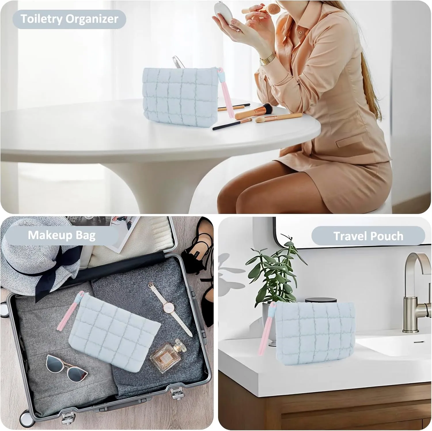 DOB SECHS Puffer Quilted Makeup Bag with Handle Detachable Cute Puffy Cotton Cosmetic Bag, Small Toiletry Zipper Make Up Pouch Purse, Checkered Storage Organizer Clutch Bag, Travel Pouches Case, Blue