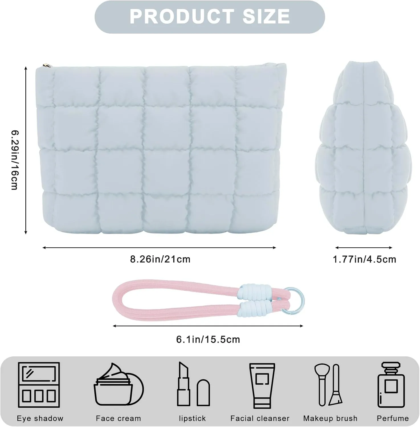 DOB SECHS Puffer Quilted Makeup Bag with Handle Detachable Cute Puffy Cotton Cosmetic Bag, Small Toiletry Zipper Make Up Pouch Purse, Checkered Storage Organizer Clutch Bag, Travel Pouches Case, Blue