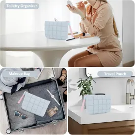 DOB SECHS Puffer Quilted Makeup Bag with Handle Detachable Cute Puffy Cotton Cosmetic Bag, Small Toiletry Zipper Make Up Pouch Purse, Checkered Storage Organizer Clutch Bag, Travel Pouches Case, Blue