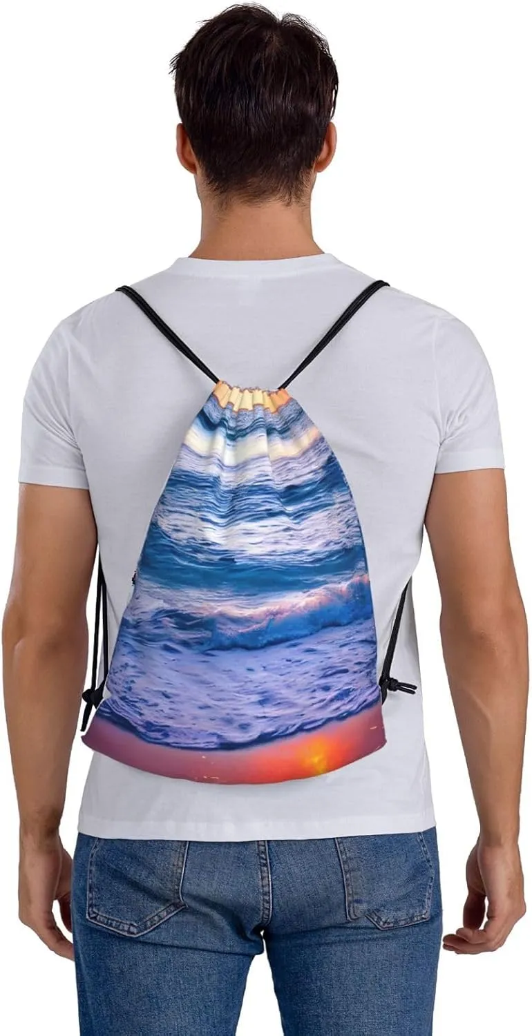 Drawstring Backpack for women,Versatile drawstring bag,Water-Resistant Cinch Bag,Gym sackpack-Beach Sunset Ocean Waves
