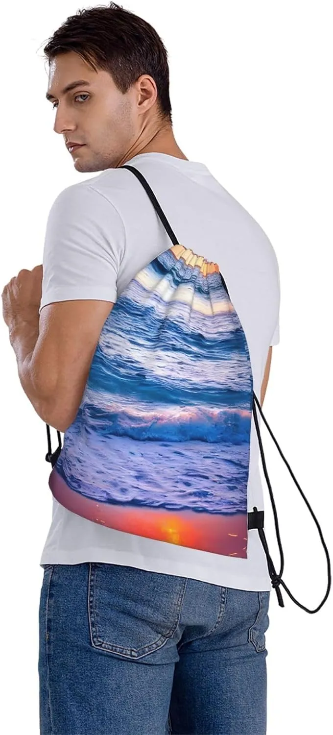 Drawstring Backpack for women,Versatile drawstring bag,Water-Resistant Cinch Bag,Gym sackpack-Beach Sunset Ocean Waves