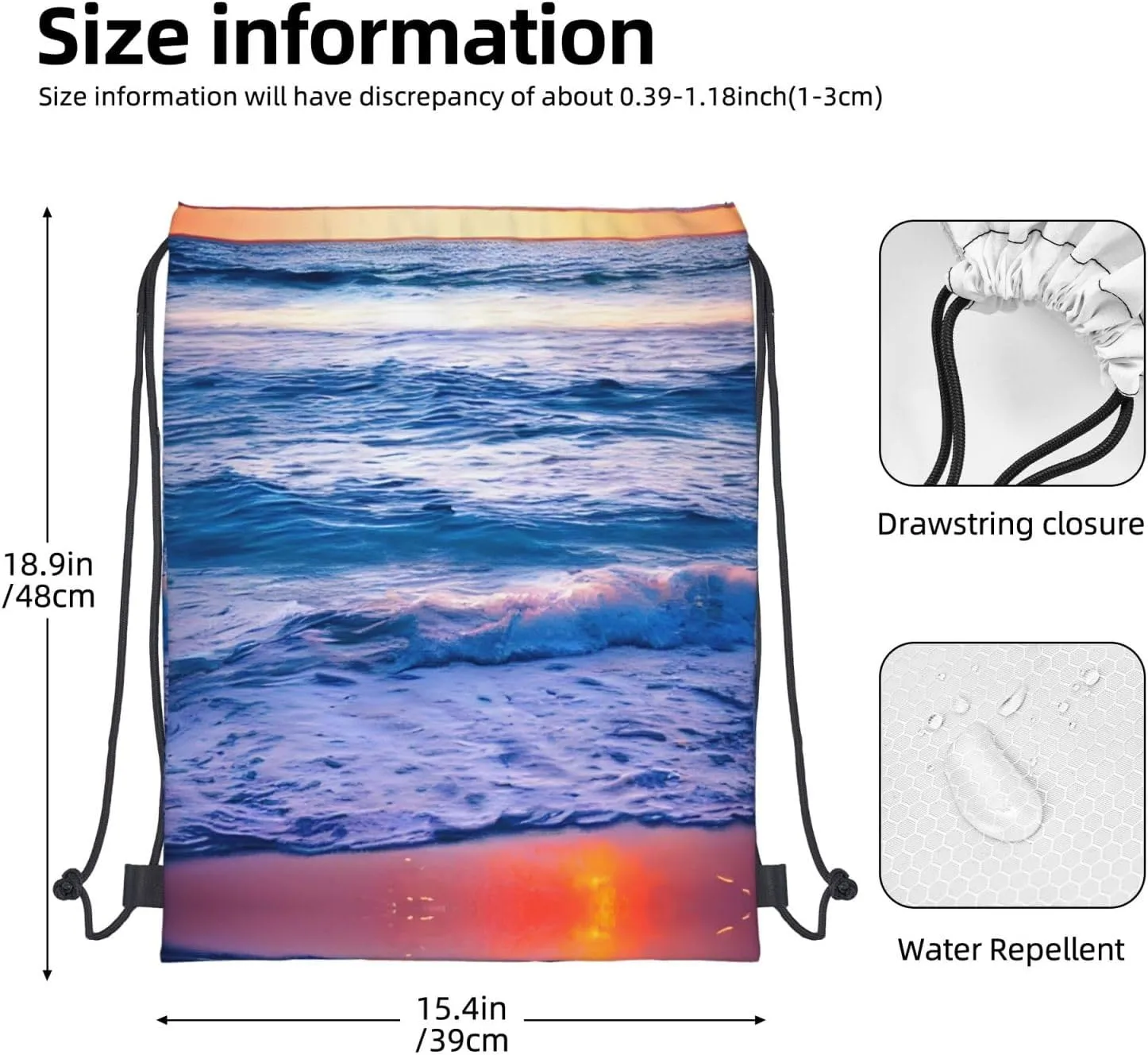 Drawstring Backpack for women,Versatile drawstring bag,Water-Resistant Cinch Bag,Gym sackpack-Beach Sunset Ocean Waves