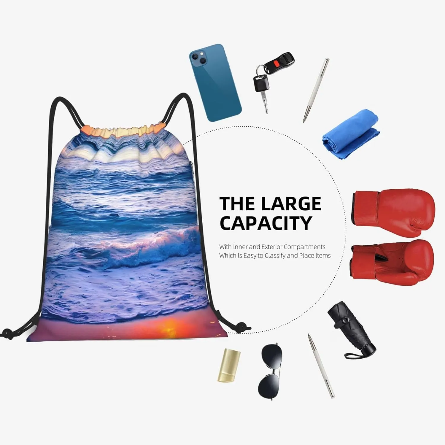 Drawstring Backpack for women,Versatile drawstring bag,Water-Resistant Cinch Bag,Gym sackpack-Beach Sunset Ocean Waves