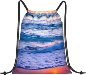 Drawstring Backpack for women,Versatile drawstring bag,Water-Resistant Cinch Bag,Gym sackpack-Beach Sunset Ocean Waves