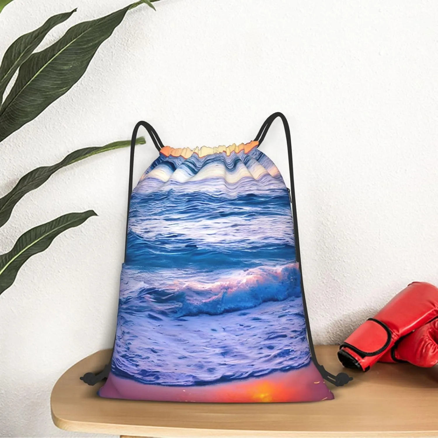 Drawstring Backpack for women,Versatile drawstring bag,Water-Resistant Cinch Bag,Gym sackpack-Beach Sunset Ocean Waves