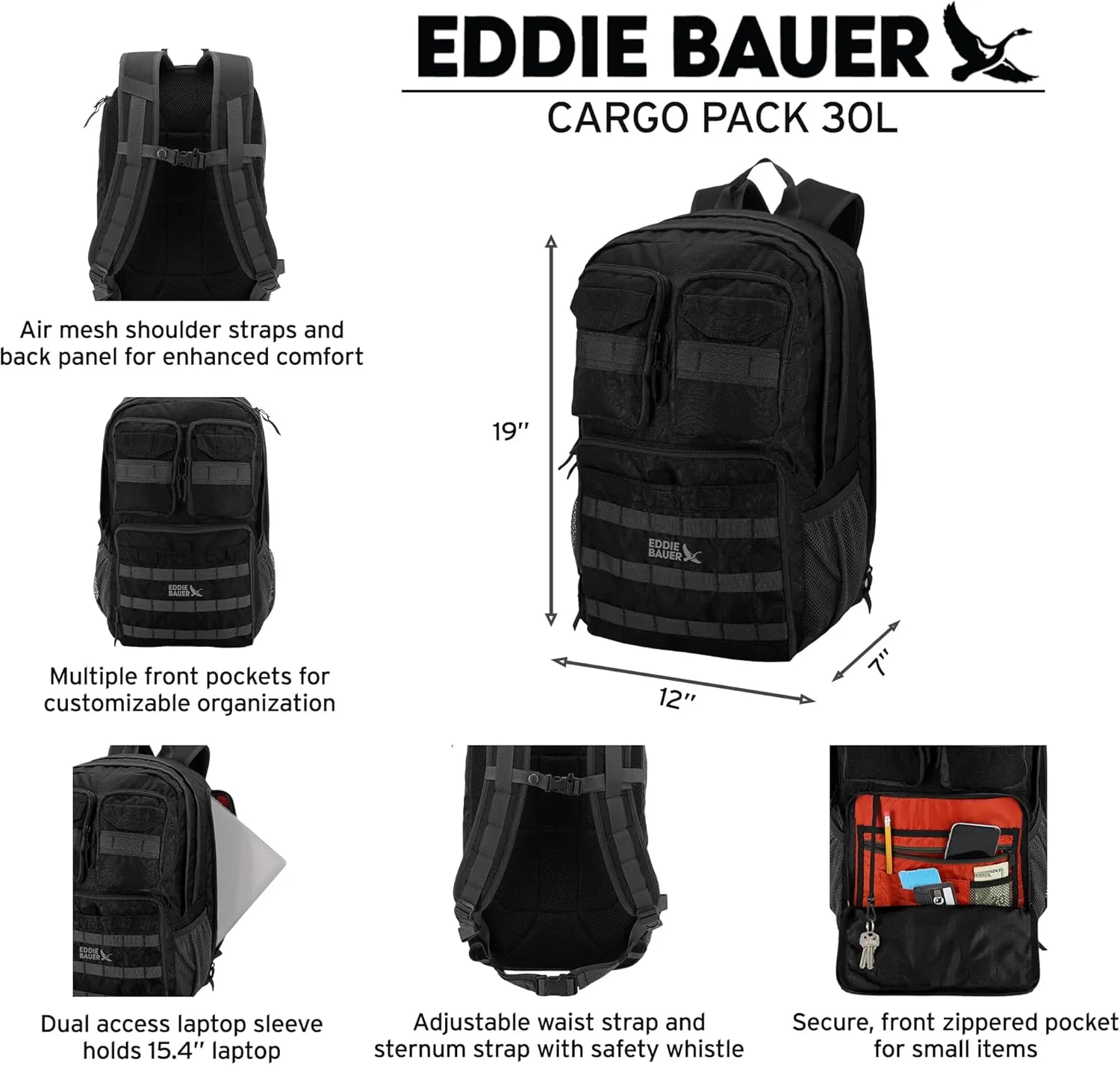 Eddie Bauer Cargo Tactical Backpack | Adventure | Heavy Duty | Outdoor | Water Resistant | 600D Polyester, Black, 30L
