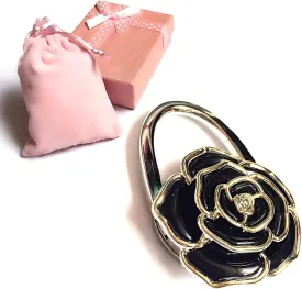 Elesa Miracle Purse Hook **6 Choices** Foldable Handbag Hanger, Folding Table Hanger, with Velvet Pouch in Gift Box (Black Flower)