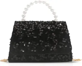 Evening Bag for Women, Sequin Pearl Handles Clutch Purses, Crossbody Bag for Wedding, Prom, Parties, Travel (Black)