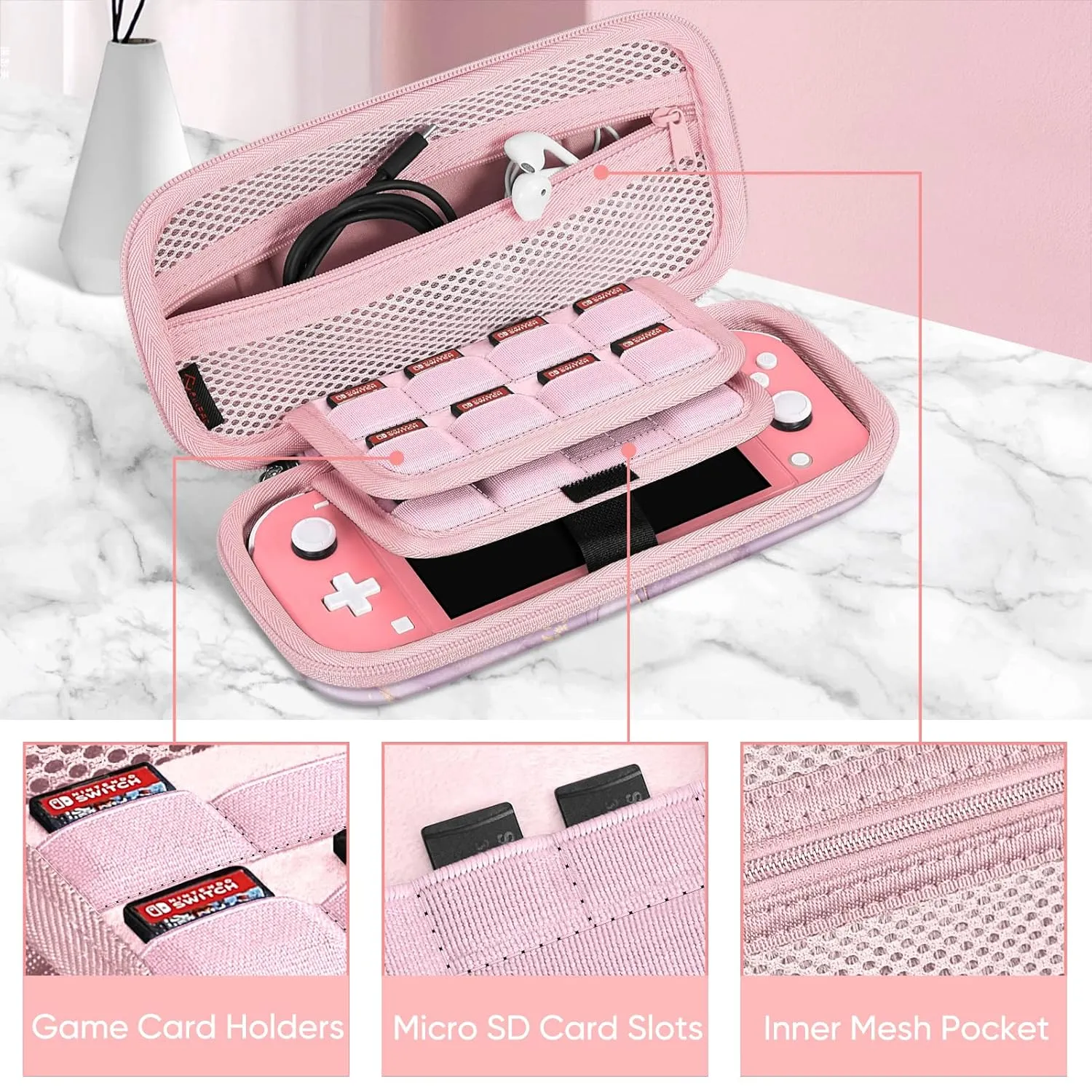 FINTIE Carrying Case for Nintendo Switch Lite 2019, [Shockproof] Hard Shell Protective Cover Travel Bag with Game Card & Micro SD Card Slots for Switch Lite Console & Accessories, Dreamy Marble