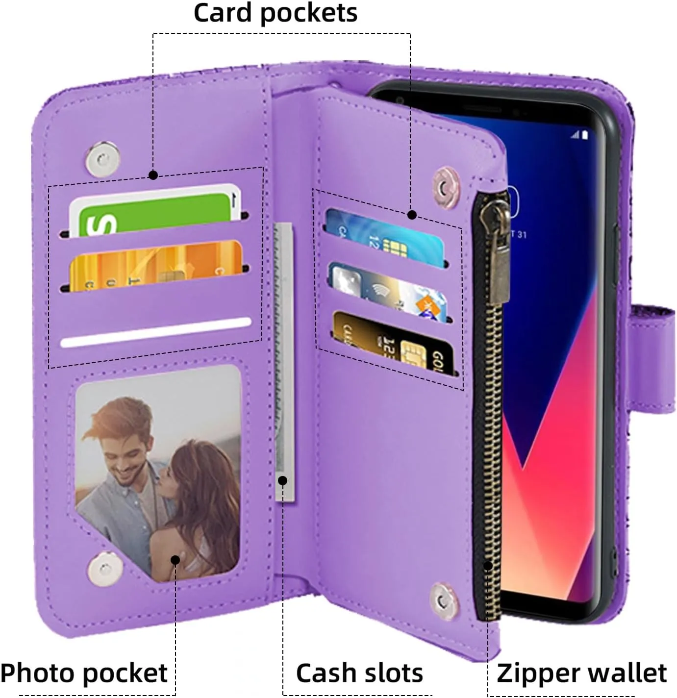 Floral Wallet Case for LG V35 ThinQ V30 Plus with Wrist Strap Shoulder Strap Flip Zipper Purse Card Holder,Stand Glitter Phone Cover for LGV30 LGV35 LG30 LG35 V 30 35 V30  V30s H931 Purple