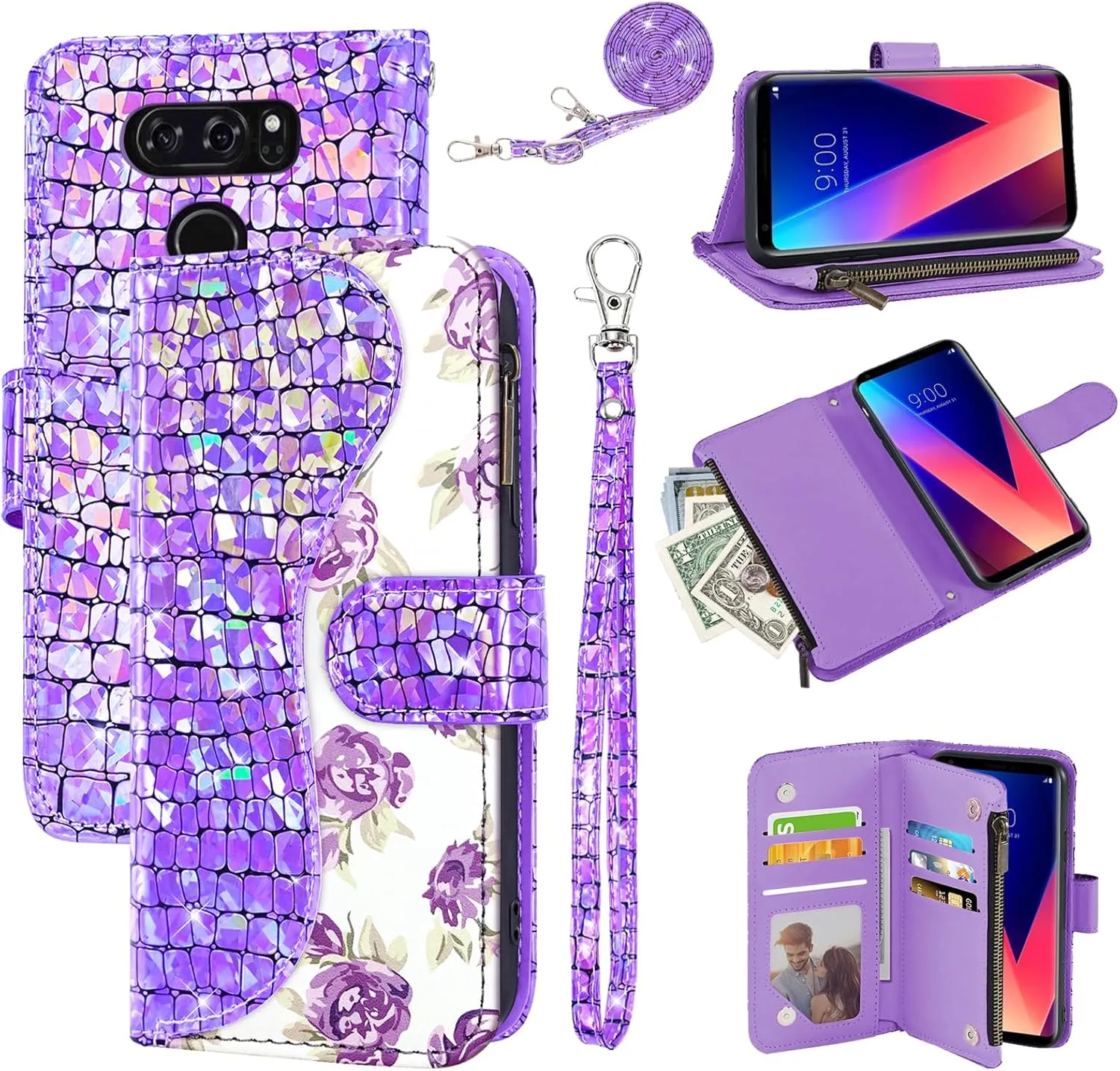 Floral Wallet Case for LG V35 ThinQ V30 Plus with Wrist Strap Shoulder Strap Flip Zipper Purse Card Holder,Stand Glitter Phone Cover for LGV30 LGV35 LG30 LG35 V 30 35 V30  V30s H931 Purple