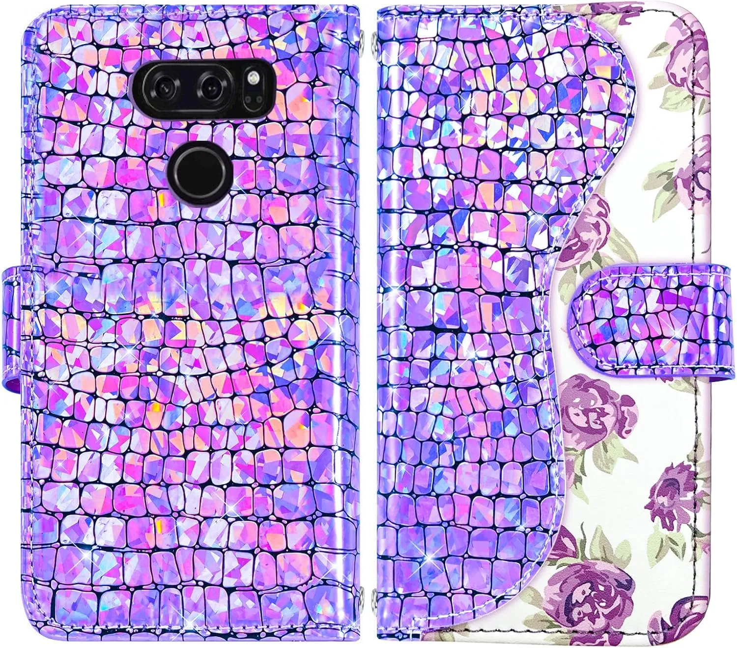 Floral Wallet Case for LG V35 ThinQ V30 Plus with Wrist Strap Shoulder Strap Flip Zipper Purse Card Holder,Stand Glitter Phone Cover for LGV30 LGV35 LG30 LG35 V 30 35 V30  V30s H931 Purple