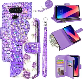Floral Wallet Case for LG V35 ThinQ V30 Plus with Wrist Strap Shoulder Strap Flip Zipper Purse Card Holder,Stand Glitter Phone Cover for LGV30 LGV35 LG30 LG35 V 30 35 V30  V30s H931 Purple