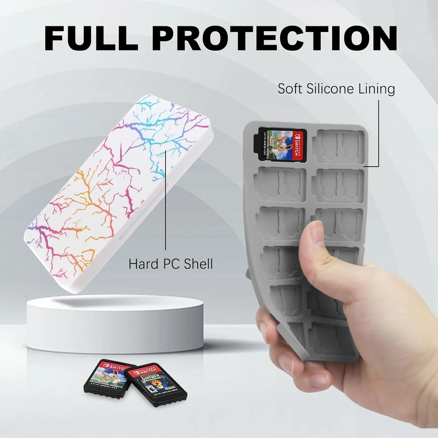 FYY Nintendo Switch Game Holder - 24 Game & 48 Micro SD Card Slots, White Lightning Pattern Hard Case