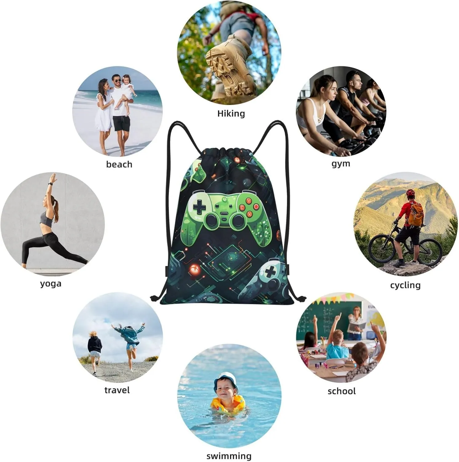 Gamepad Circuit Version Print Drawstring Gym Bag - Lightweight Foldable Cinch Backpack for Travel & Sports - for Yoga, Hiking