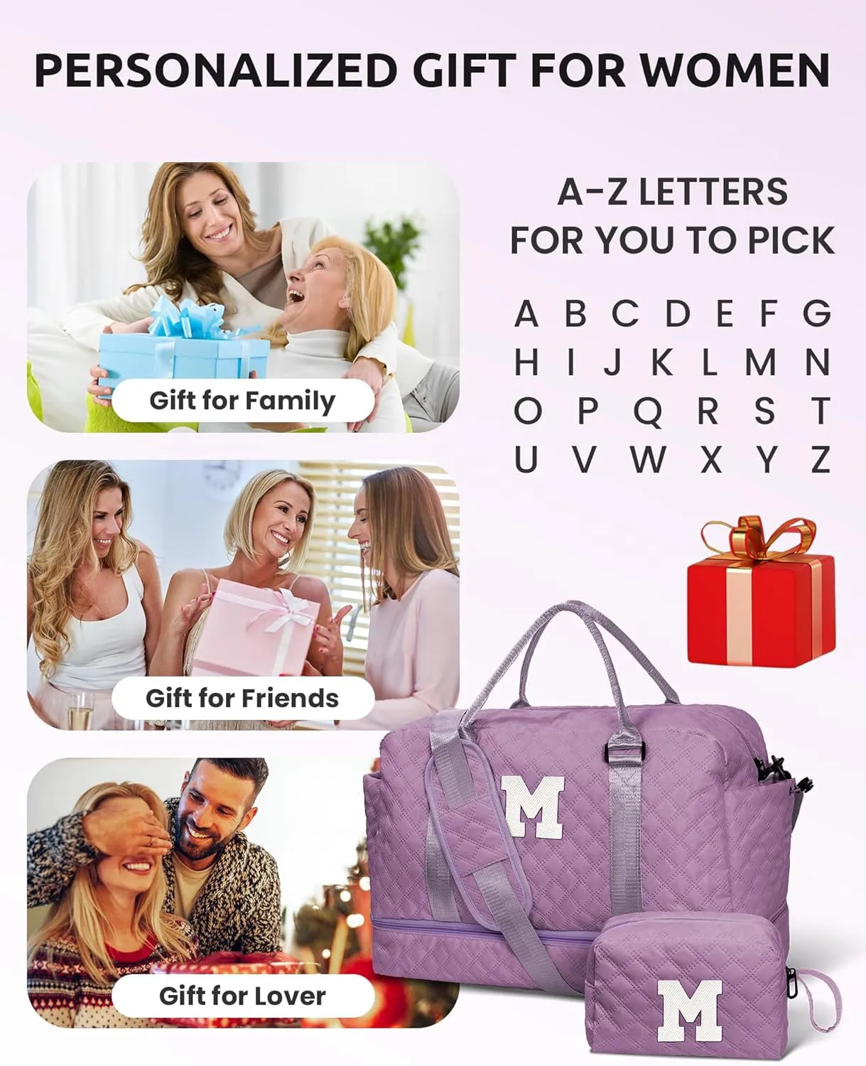 Gifts for Sister-Travel Bag for Women Shoe Compartment, Personalized Weekender Bag, Monogram Overnight Bag, Letter Travel Bag with Makeup BagSister Friend Girlfriend Gifts (Letter N)