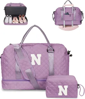 Gifts for Sister-Travel Bag for Women Shoe Compartment, Personalized Weekender Bag, Monogram Overnight Bag, Letter Travel Bag with Makeup BagSister Friend Girlfriend Gifts (Letter N)