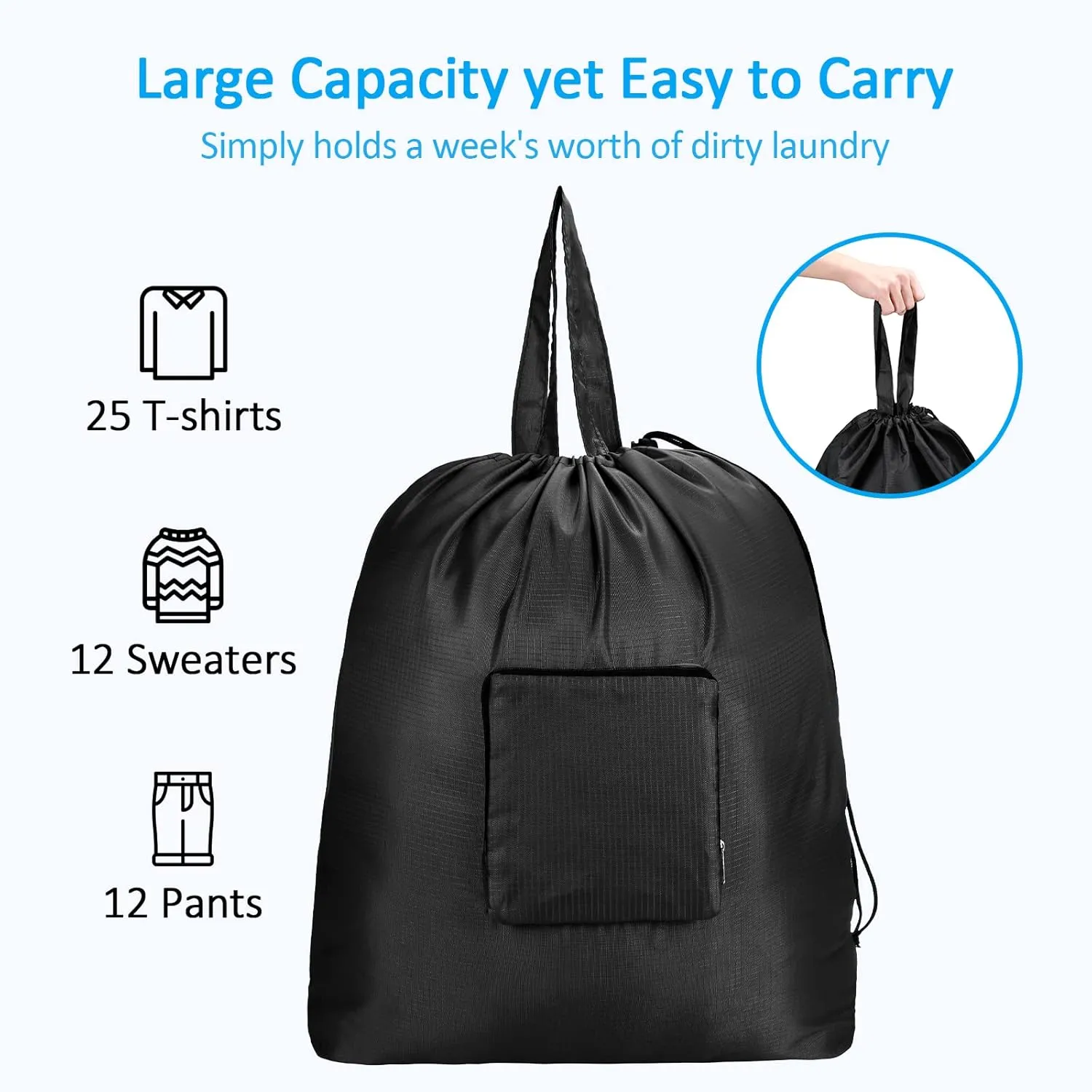 GOGOODA Travel Laundry Bags with Drawstring Closure XL Large Foldable Dirty Clothes bags with Handle Heavy Duty and Washable for College Dorm Travelling Camping, 2 Pack, Black & Dark Blue