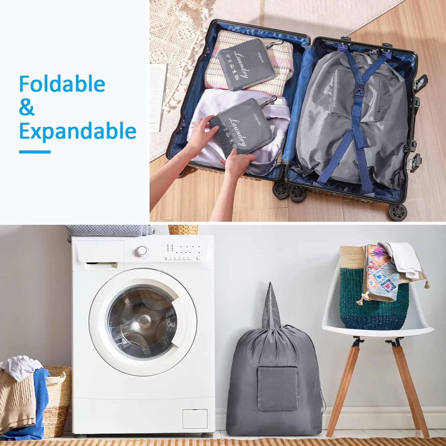 GOGOODA Travel Laundry Bags with Drawstring Closure XL Large Foldable Dirty Clothes bags with Handle Heavy Duty and Washable for College Dorm Travelling Camping, 2 Pack, Black & Dark Blue