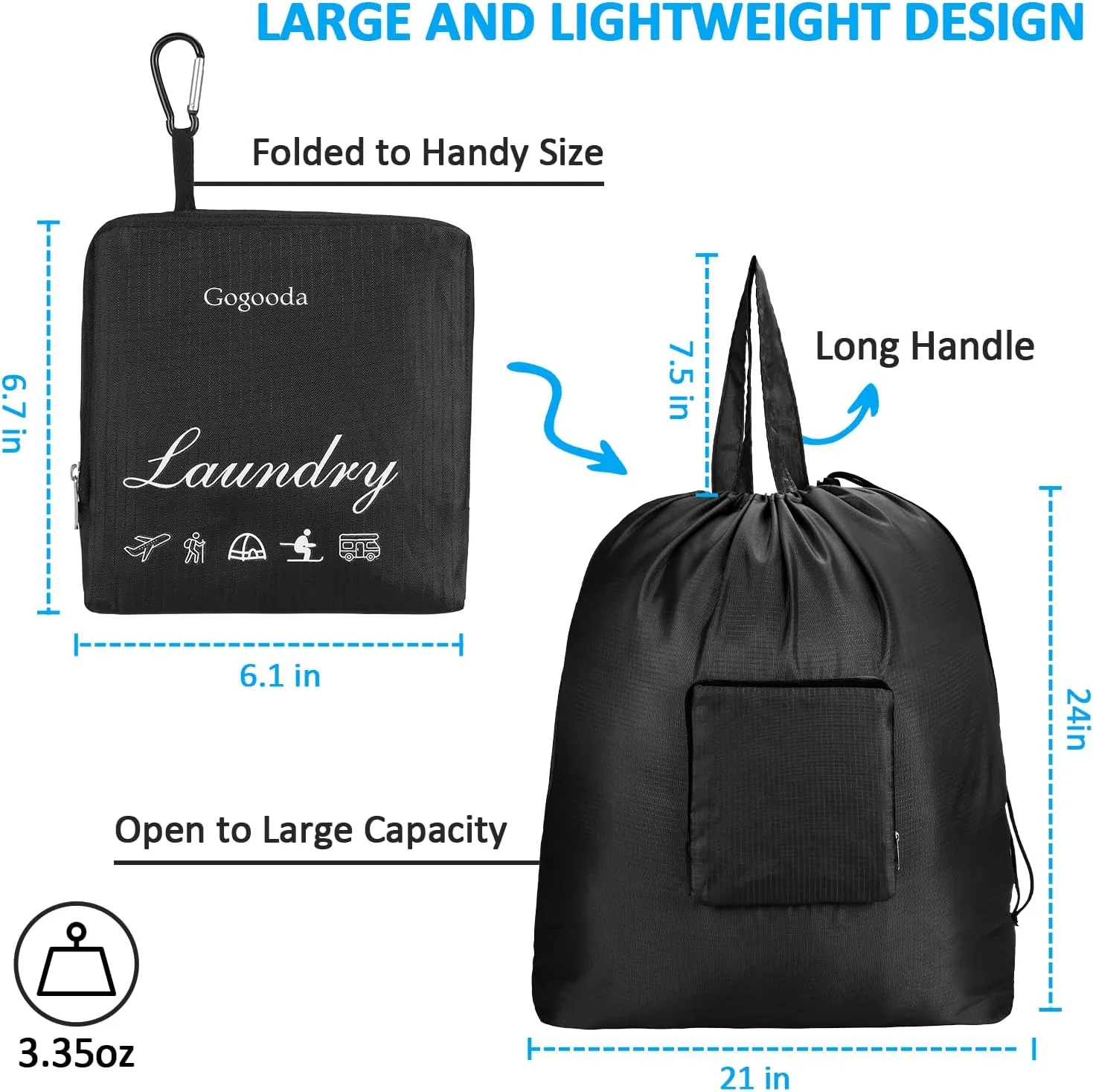 GOGOODA Travel Laundry Bags with Drawstring Closure XL Large Foldable Dirty Clothes bags with Handle Heavy Duty and Washable for College Dorm Travelling Camping, 2 Pack, Black & Dark Blue