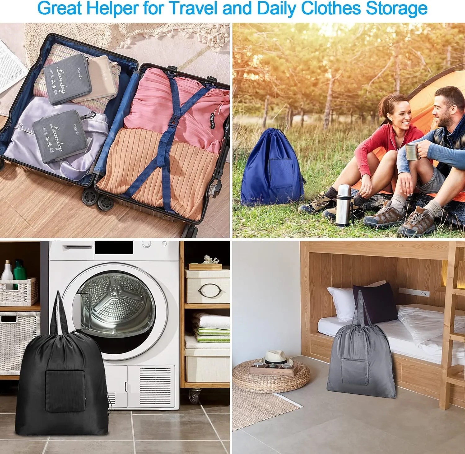 GOGOODA Travel Laundry Bags with Drawstring Closure XL Large Foldable Dirty Clothes bags with Handle Heavy Duty and Washable for College Dorm Travelling Camping, 2 Pack, Black & Dark Blue