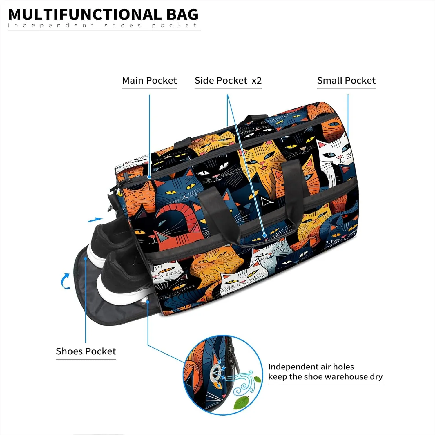 Gym Bag for Women, Carry on Weekender Overnight Bag, Travel Duffel Bags, Personal Item Travel Bag Tote Bag Workout Dance Bag, Cat - 7