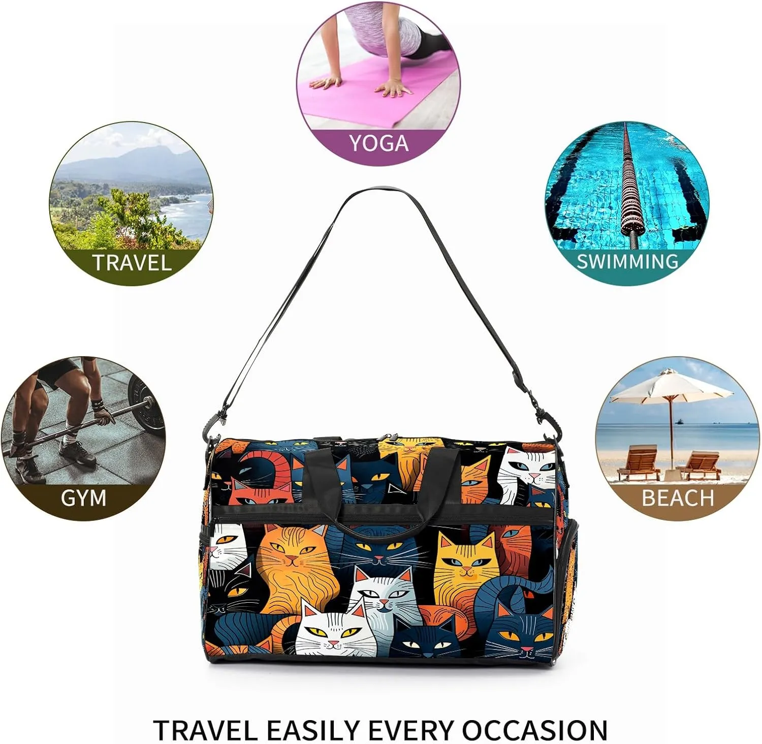 Gym Bag for Women, Carry on Weekender Overnight Bag, Travel Duffel Bags, Personal Item Travel Bag Tote Bag Workout Dance Bag, Cat - 7