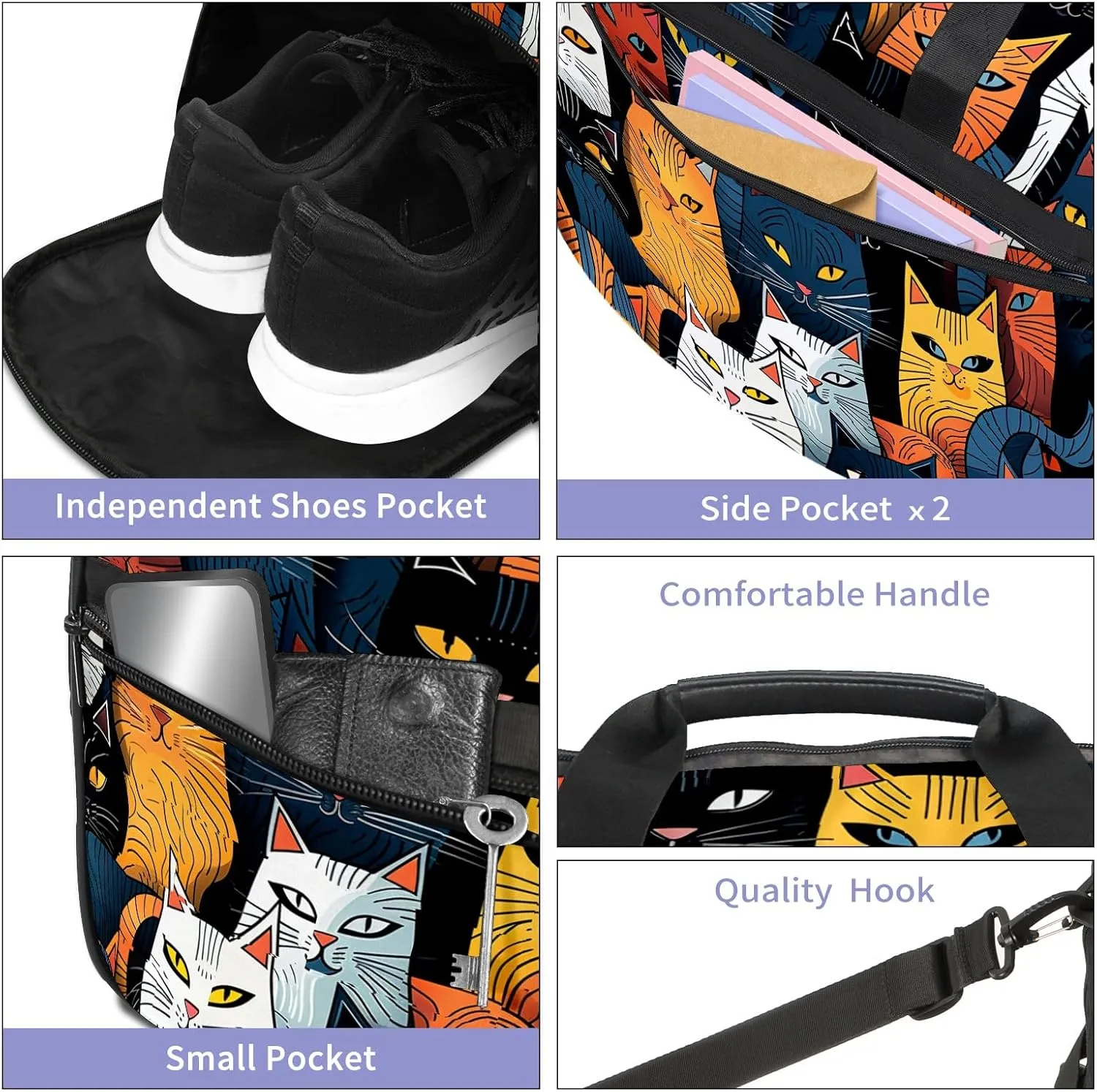 Gym Bag for Women, Carry on Weekender Overnight Bag, Travel Duffel Bags, Personal Item Travel Bag Tote Bag Workout Dance Bag, Cat - 7