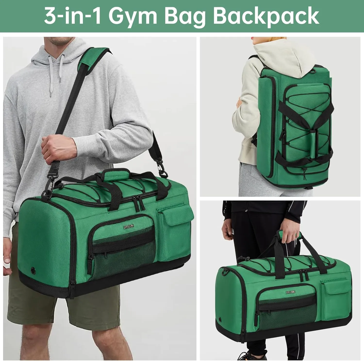 Gym Bag with Shoe Laptop Compartment for Men Women 35L Water-resistant Sports Gym Duffle Backpack Travel Duffle Bag with Wet Pocket Weekender Overnight Carry On Backpack (Green)