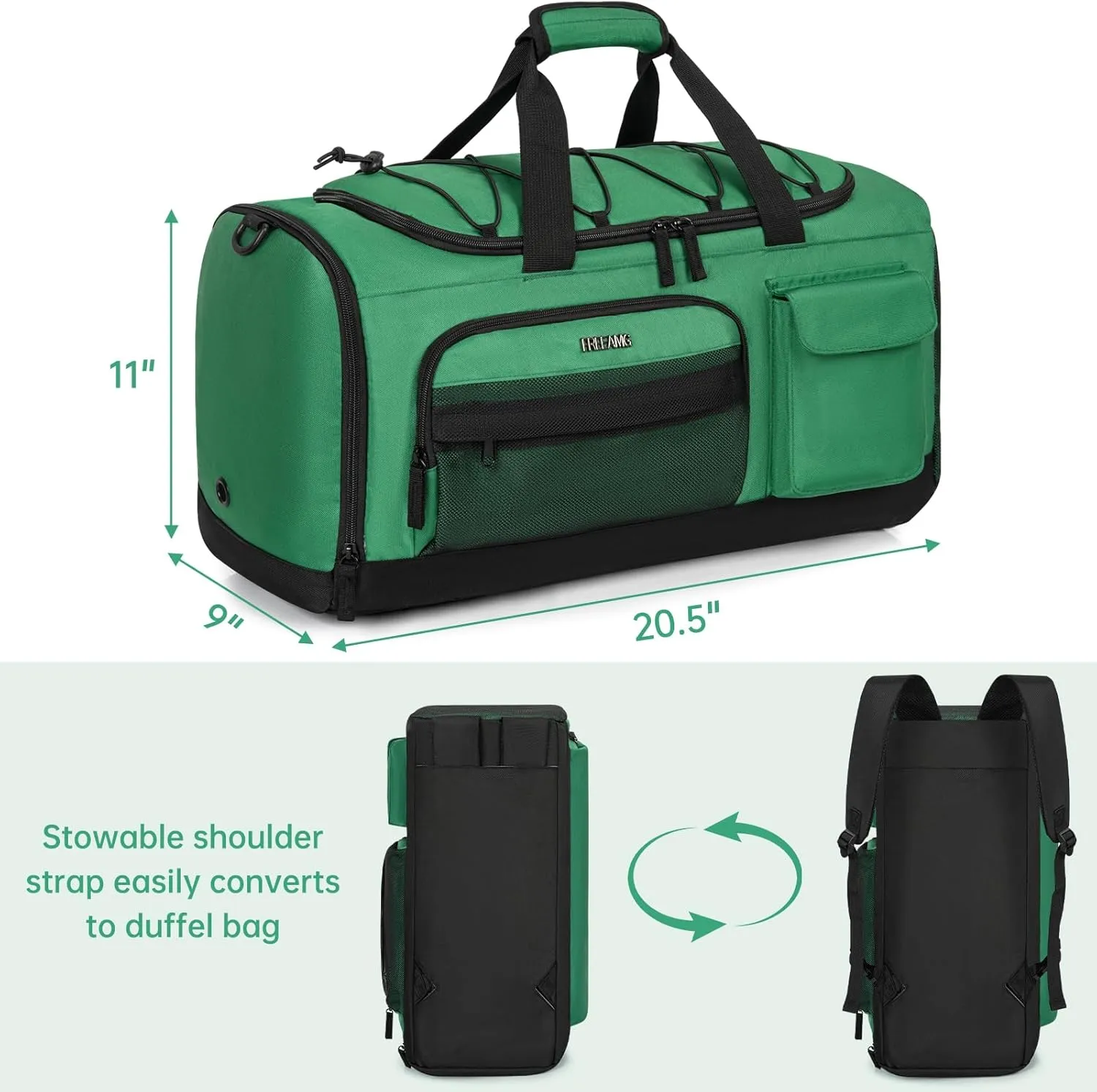 Gym Bag with Shoe Laptop Compartment for Men Women 35L Water-resistant Sports Gym Duffle Backpack Travel Duffle Bag with Wet Pocket Weekender Overnight Carry On Backpack (Green)