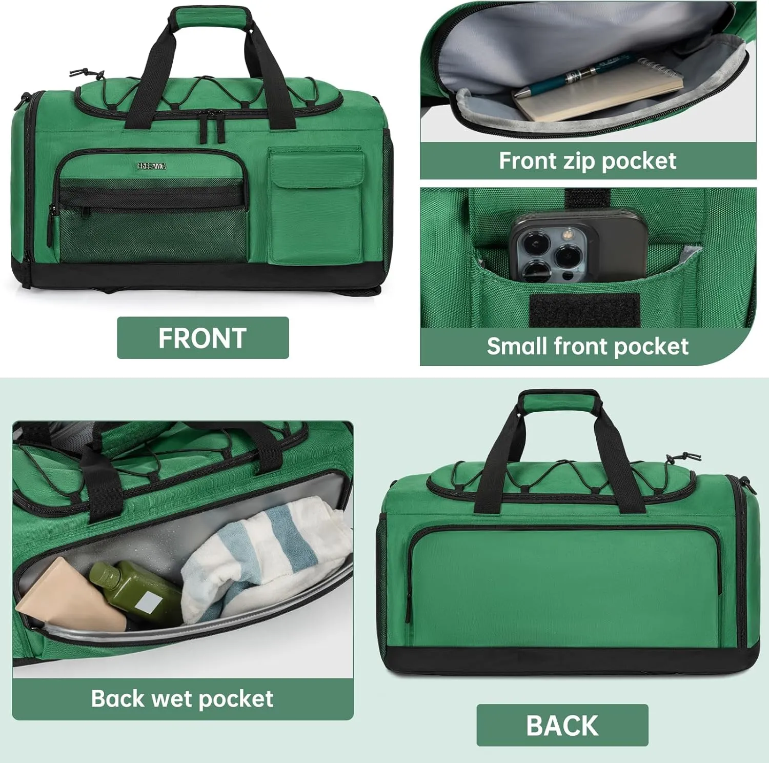 Gym Bag with Shoe Laptop Compartment for Men Women 35L Water-resistant Sports Gym Duffle Backpack Travel Duffle Bag with Wet Pocket Weekender Overnight Carry On Backpack (Green)